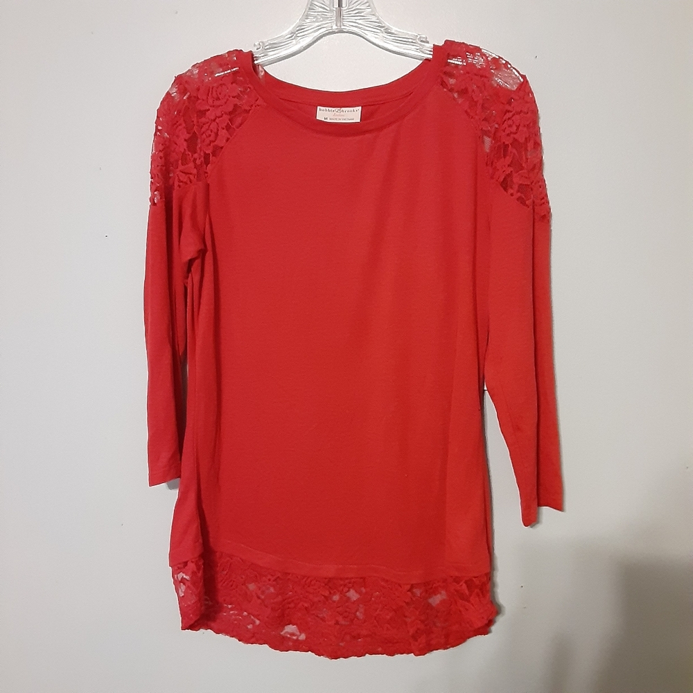NWT Women's Bobbie Brooks Red Lace Shoulder & Hem Top Size Medium.